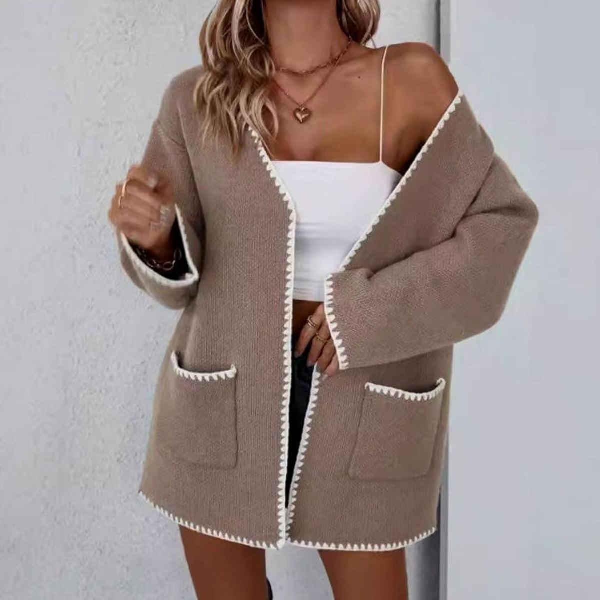 Women's Open Front Knit Cardigan Long Sleeve Contrast Trim Pockets - Camel