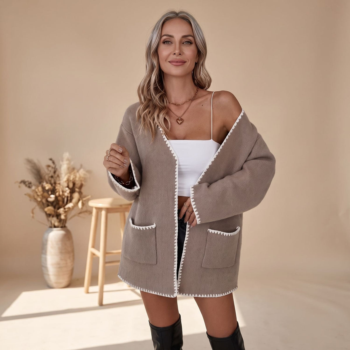 Women's Open Front Long Sleeve Knit Pocket Cardigan - Camel