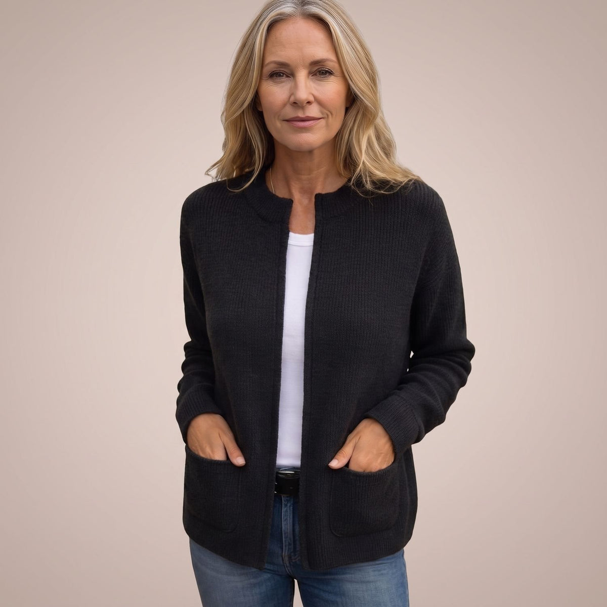 Women's Open-Front Ribbed Knit Cardigan with Pockets - Black