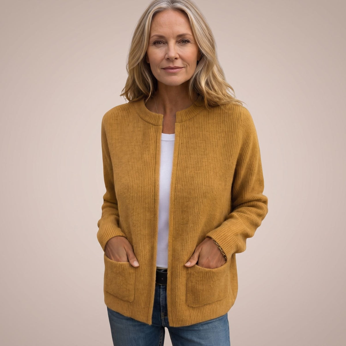 Women's Open-Front Ribbed Knit Cardigan with Pockets - Yellow