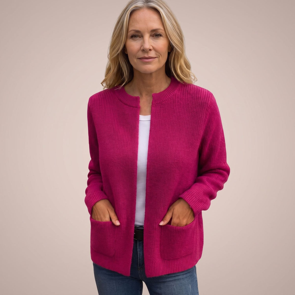 Women's Open-Front Ribbed Knit Cardigan with Pockets - Pink