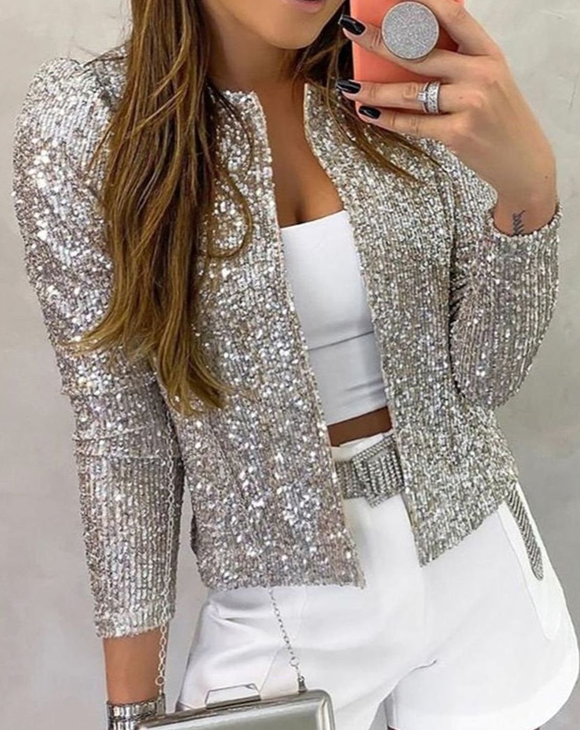 Women's Open Front Sequin Sparkle Party Jacket - Silver