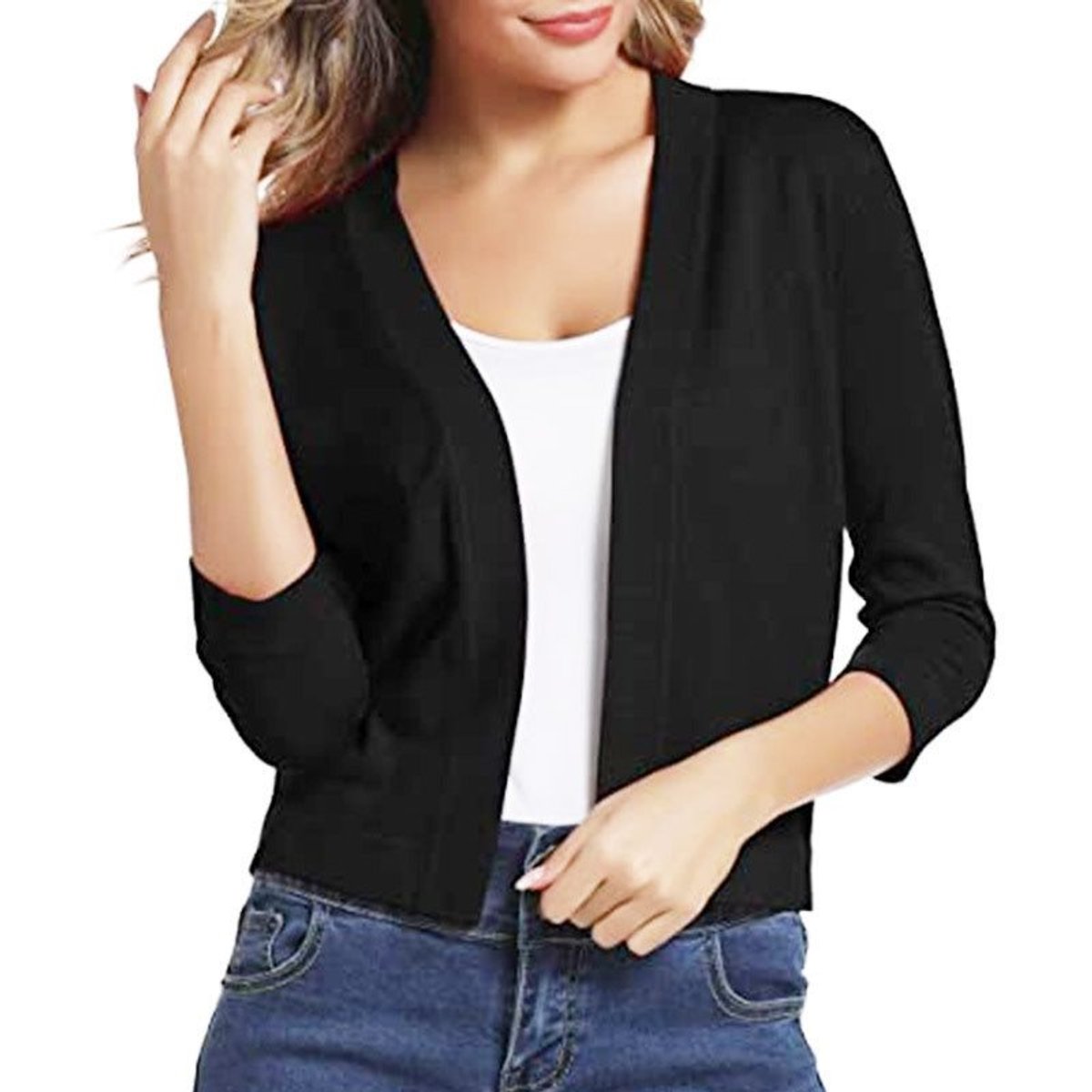 Women's Open-Front Three-Quarter Sleeve Cropped Cardigan