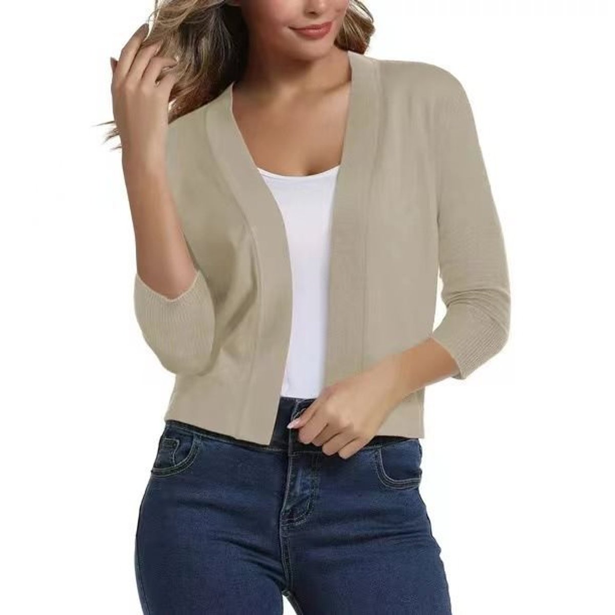 Women's Open-Front Three-Quarter Sleeve Cropped Cardigan - Beige