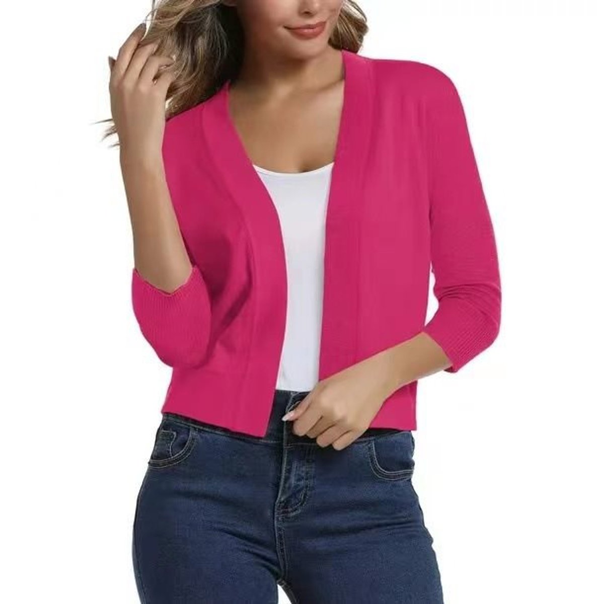 Women's Open-Front Three-Quarter Sleeve Cropped Cardigan - Red