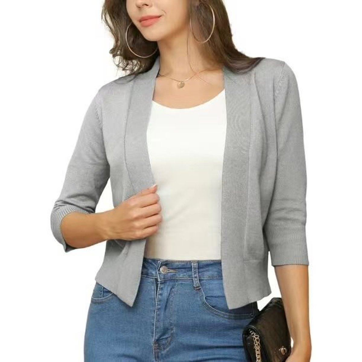 Women's Open-Front Three-Quarter Sleeve Cropped Cardigan - Silver Grey
