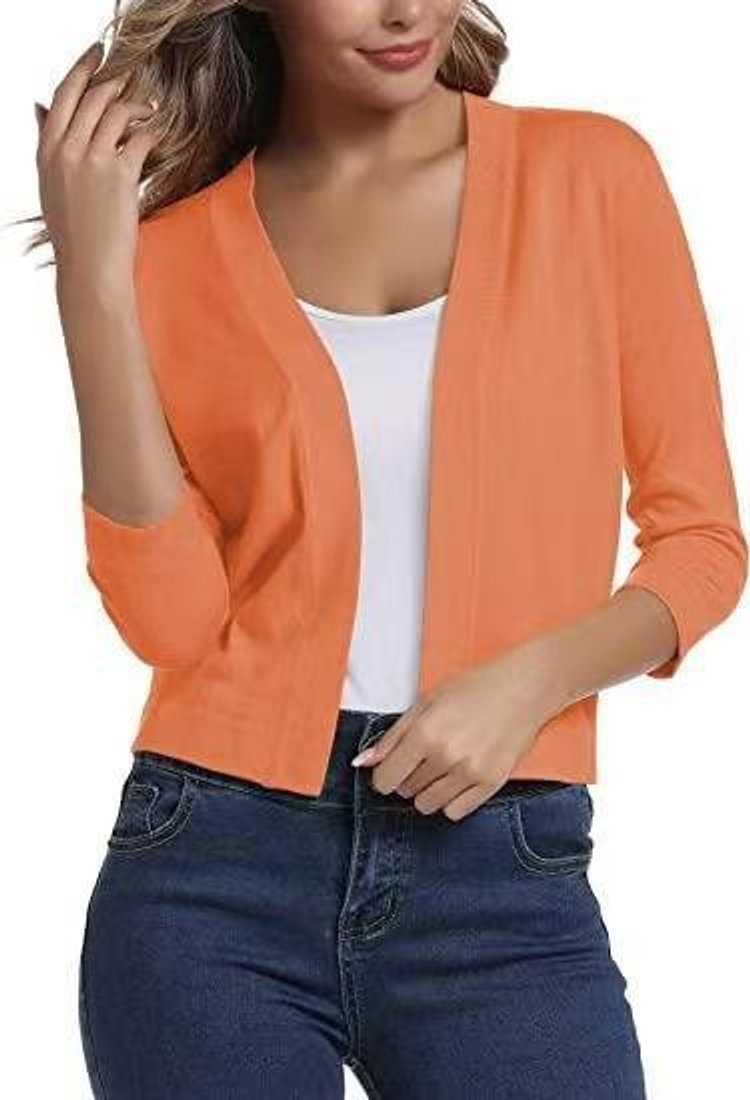 Women's Open-Front Three-Quarter Sleeve Cropped Cardigan - Orange