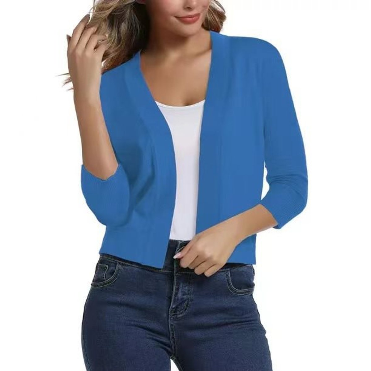 Women's Open-Front Three-Quarter Sleeve Cropped Cardigan - Blue