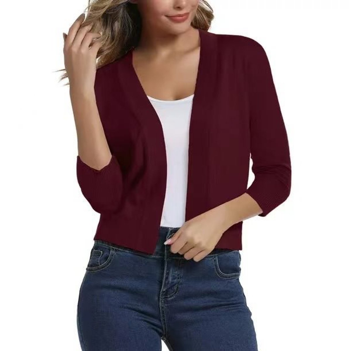 Women's Open-Front Three-Quarter Sleeve Cropped Cardigan - Please provide the text you would like to have translated.