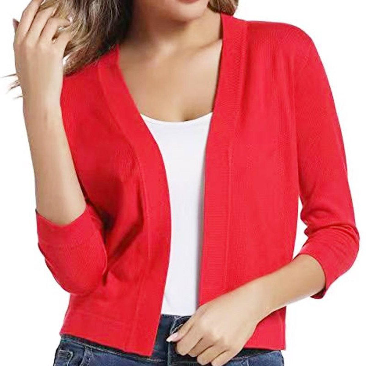 Women's Open-Front Three-Quarter Sleeve Cropped Cardigan
