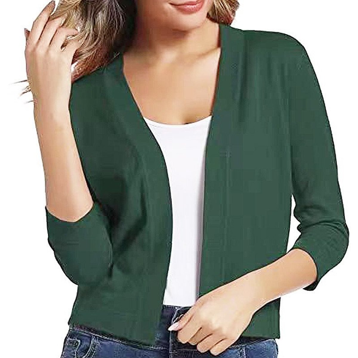 Women's Open-Front Three-Quarter Sleeve Cropped Cardigan