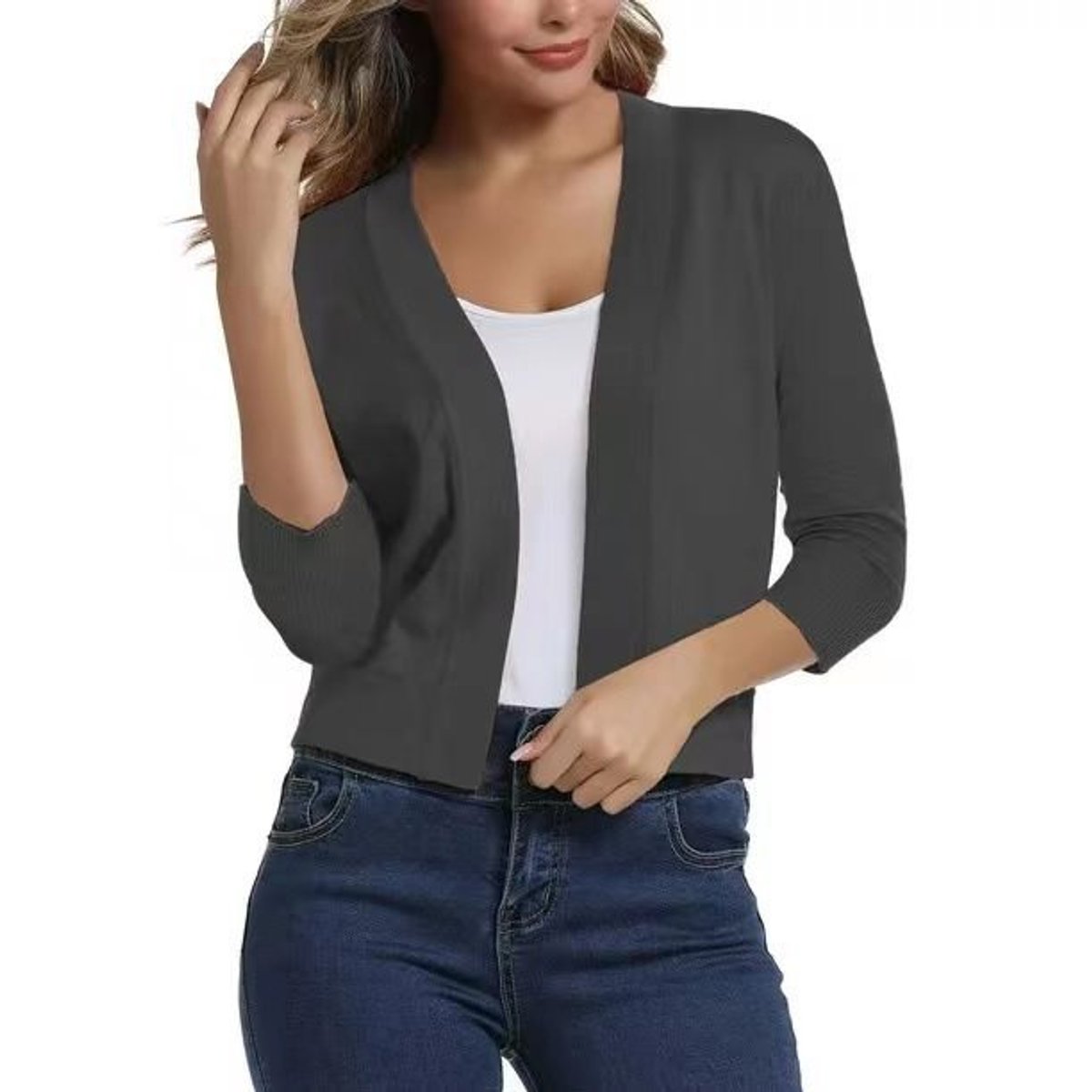 Women's Open-Front Three-Quarter Sleeve Cropped Cardigan - Grey