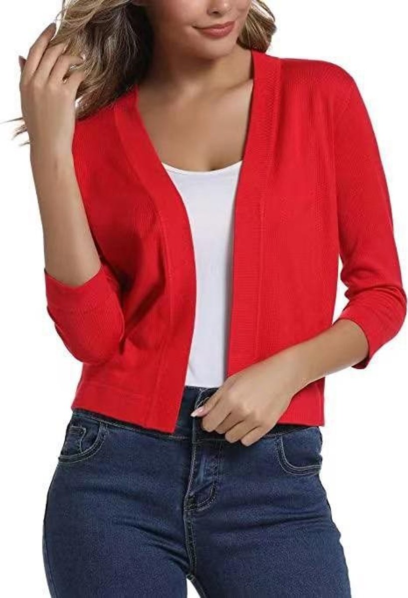 Women's Open-Front Three-Quarter Sleeve Cropped Cardigan - China Red