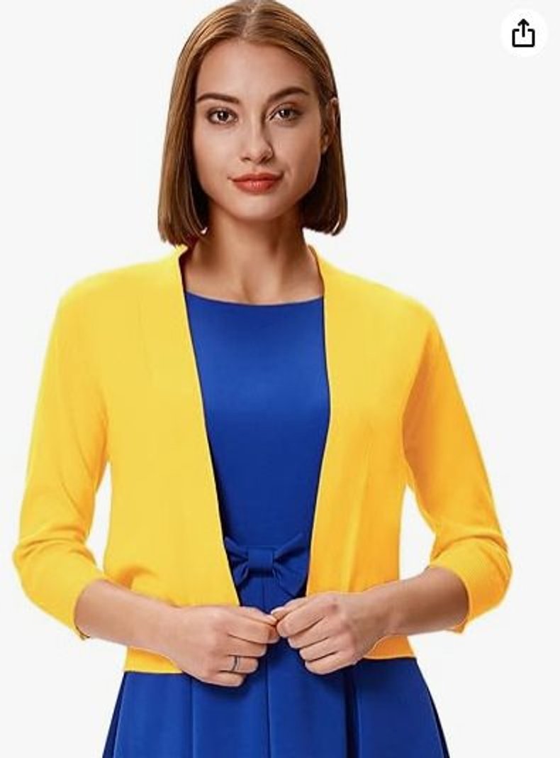 Women's Open-Front Three-Quarter Sleeve Cropped Cardigan - Yellow