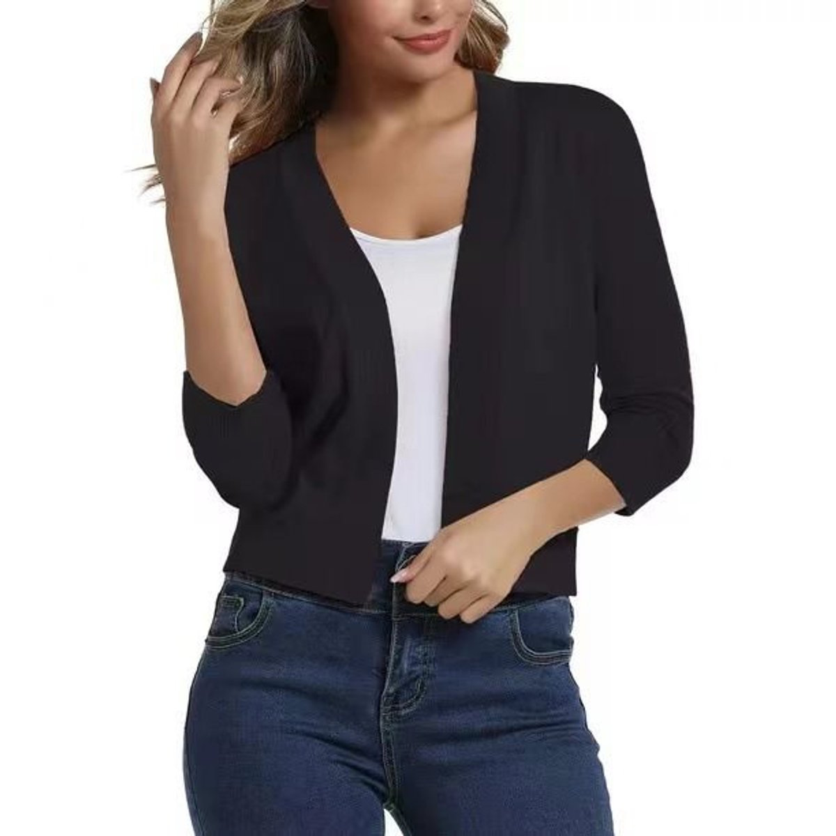 Women's Open-Front Three-Quarter Sleeve Cropped Cardigan