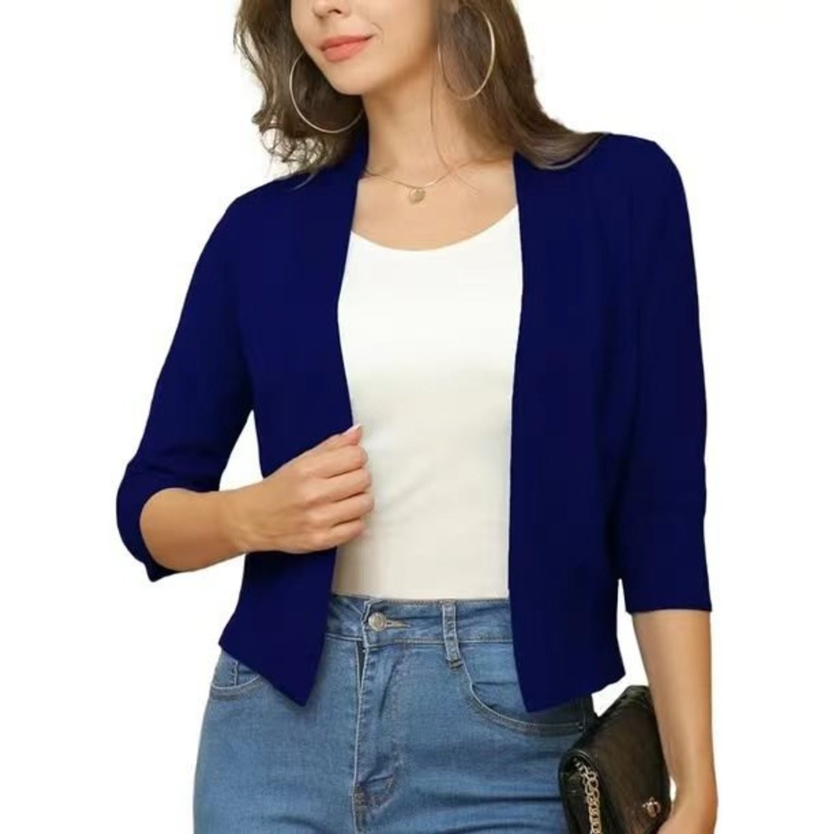 Women's Open-Front Three-Quarter Sleeve Cropped Cardigan - Mondsee Blue