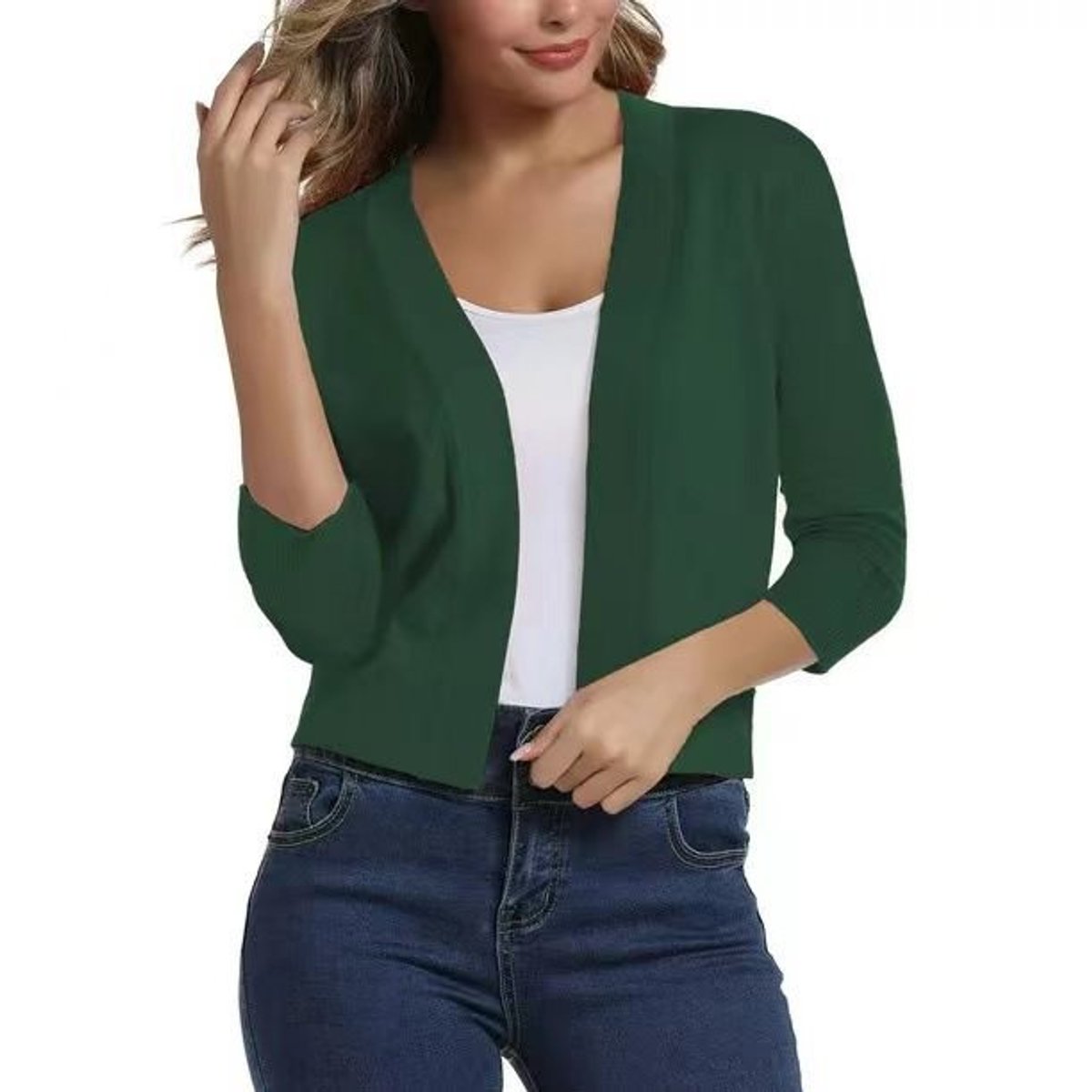 Women's Open-Front Three-Quarter Sleeve Cropped Cardigan - Wood Green