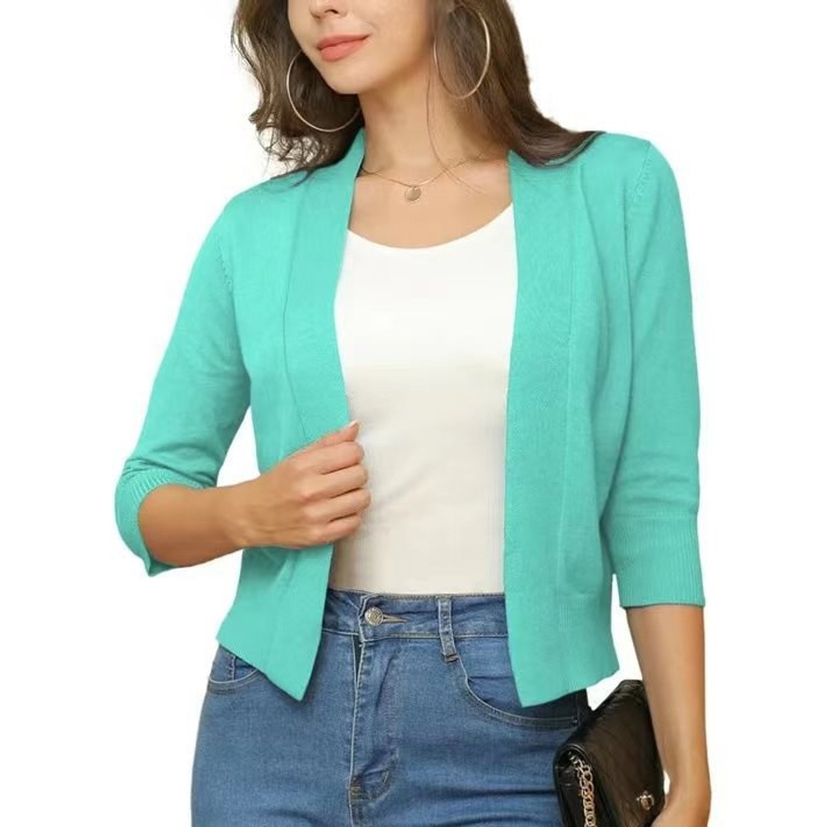 Women's Open-Front Three-Quarter Sleeve Cropped Cardigan - Deep Navy Blue
