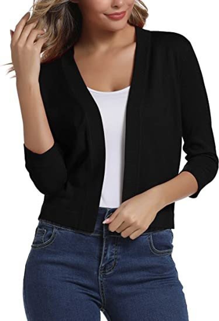 Women's Open-Front Three-Quarter Sleeve Cropped Cardigan - Black