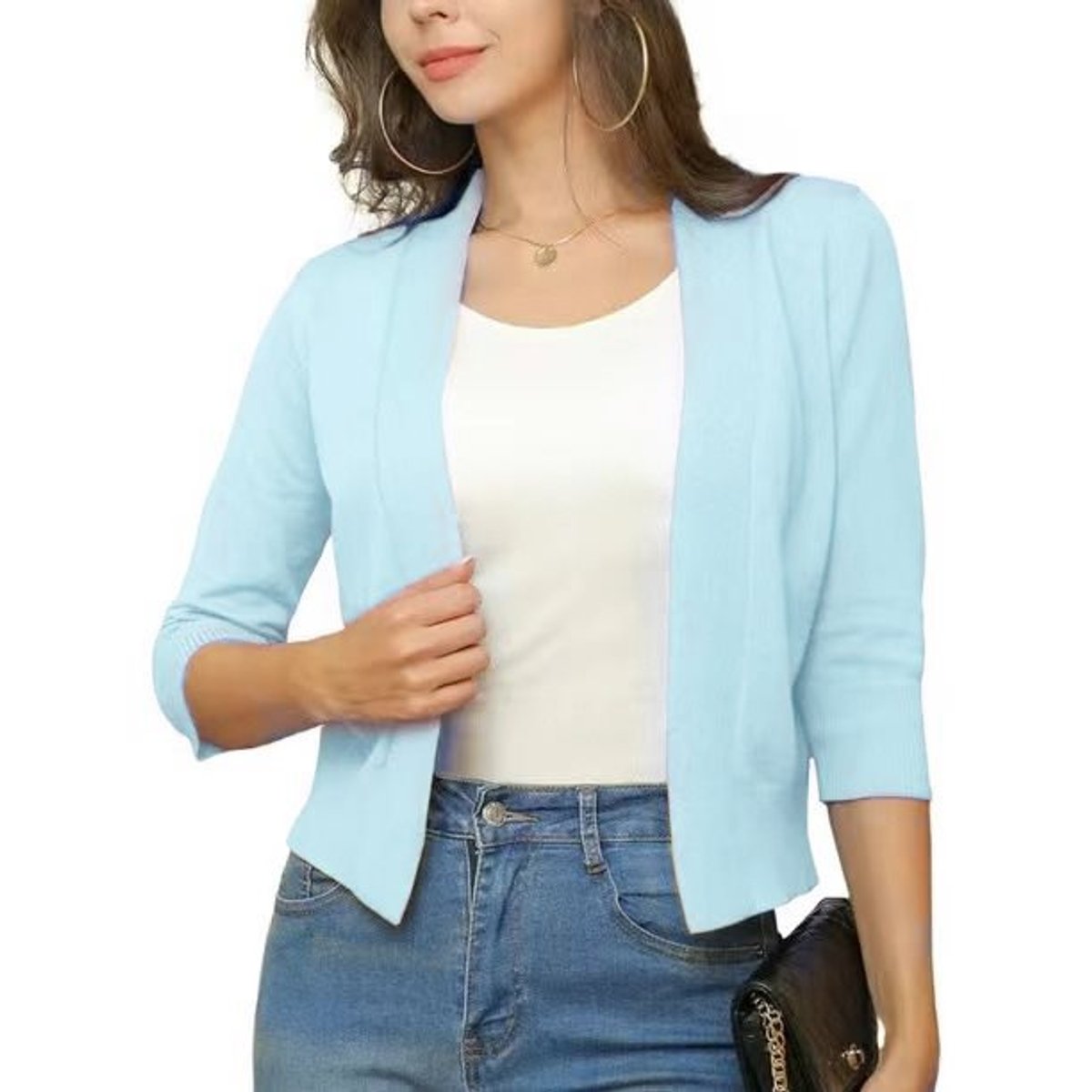 Women's Open-Front Three-Quarter Sleeve Cropped Cardigan - Pale Blue