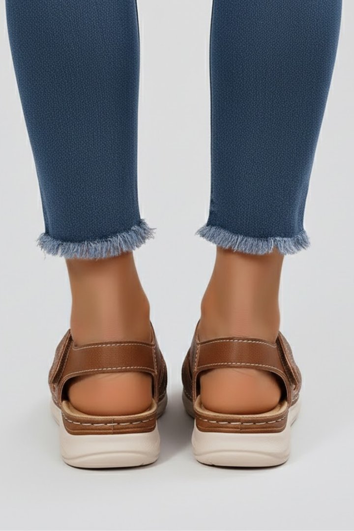 Women's Open Toe Woven Strap Flat Sandals Velcro Fastening