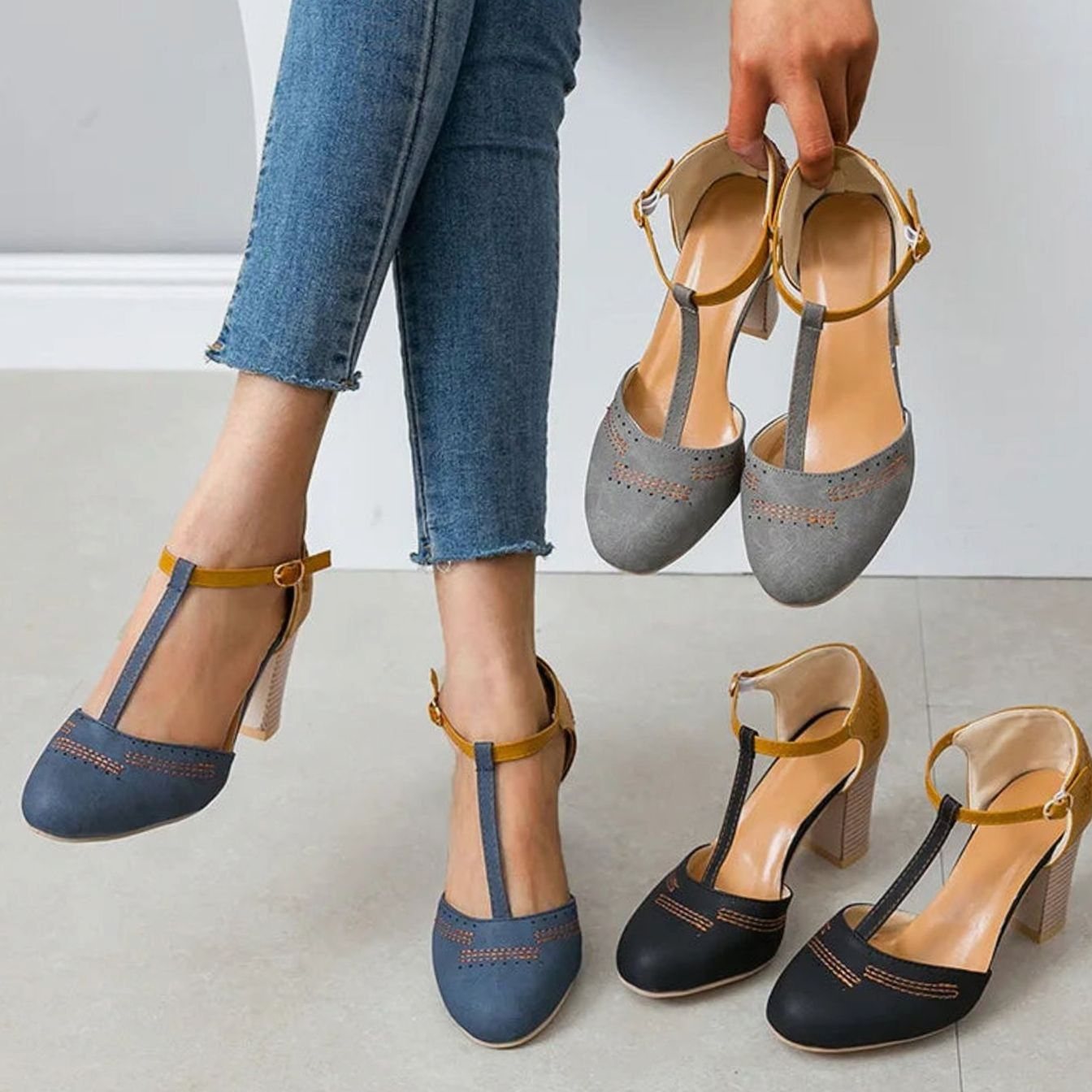 Women's Orthopaedic Block-Heel T-Bar Heeled Shoes
