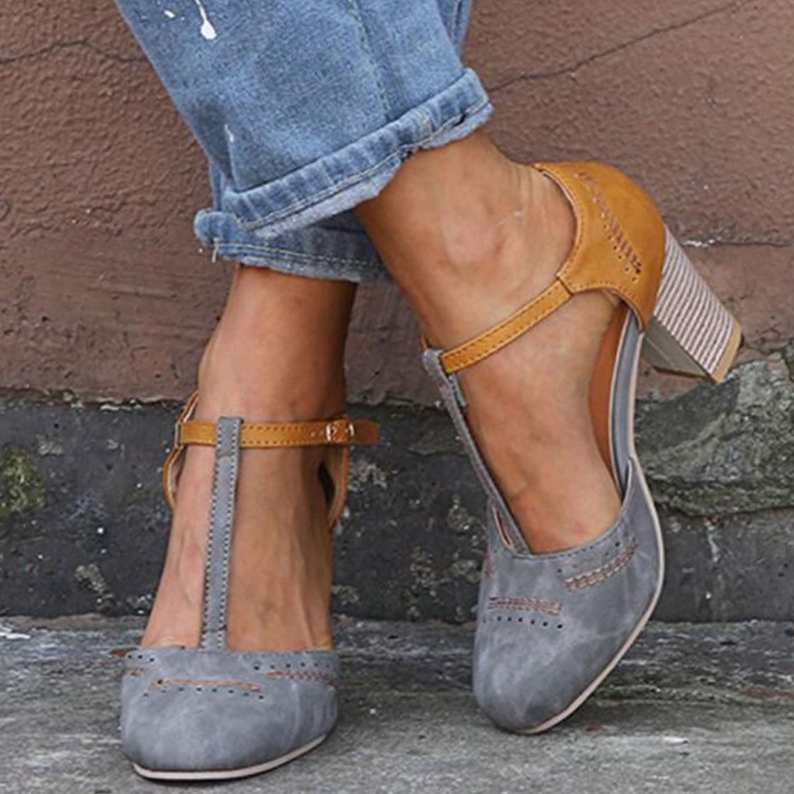 Women's Orthopaedic Block-Heel T-Bar Heeled Shoes - Grey