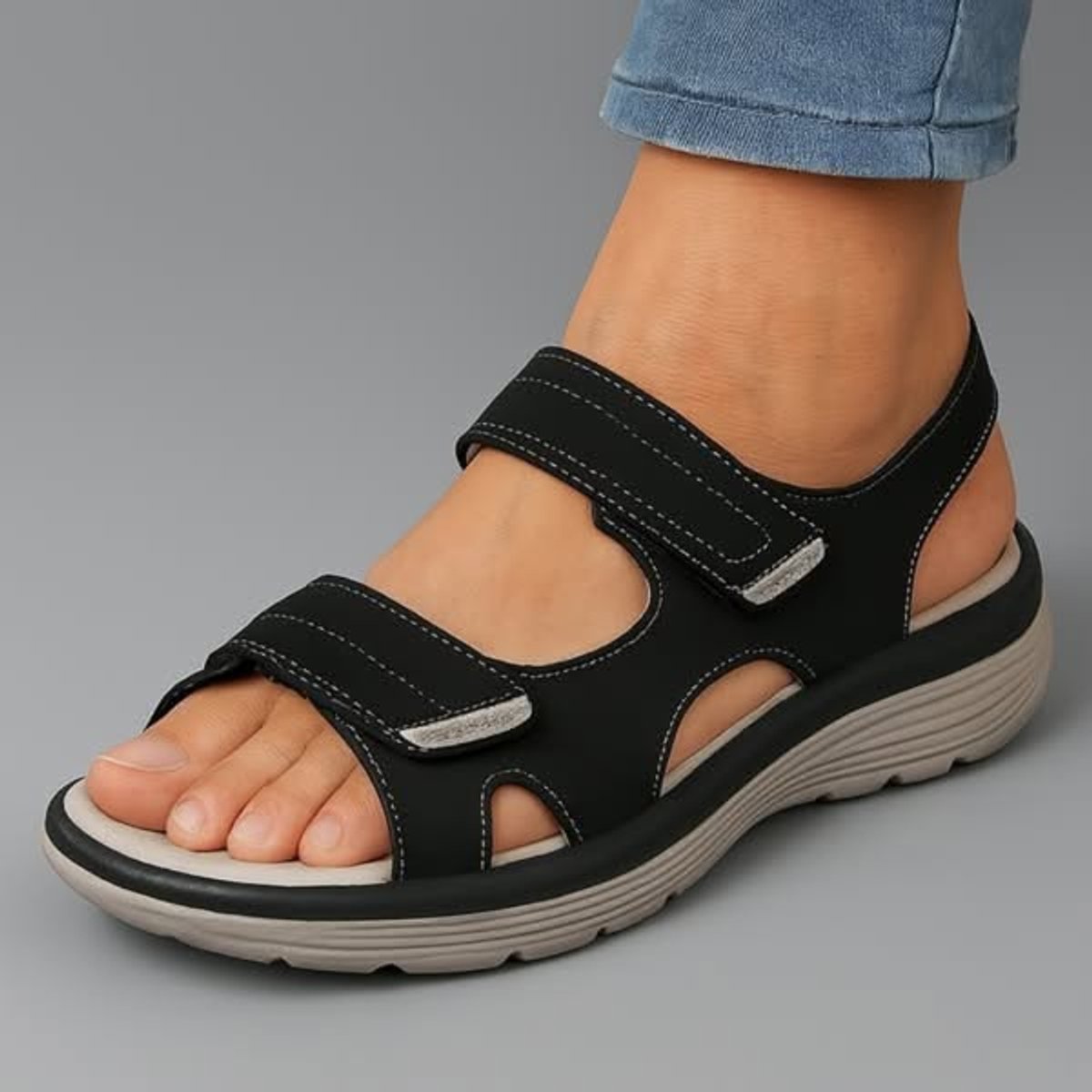 Women's Orthopaedic Double Strap Hook-Loop Cushioned Sandals - Black