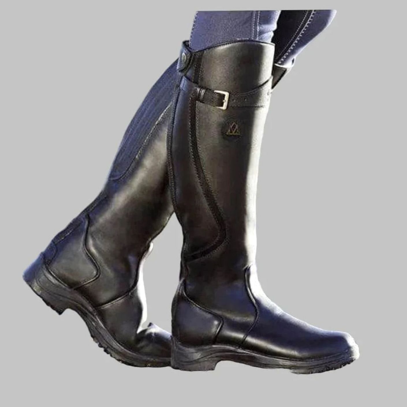 Women's Orthopaedic Knee-High Leather Boots Buckle Detail - Black