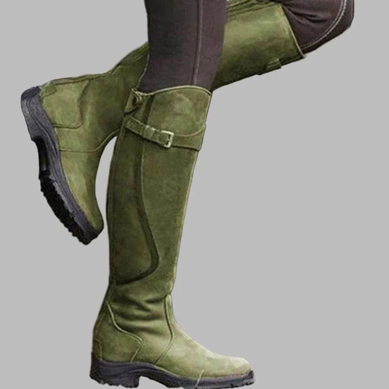 Women's Orthopaedic Knee-High Leather Boots Buckle Detail - Green
