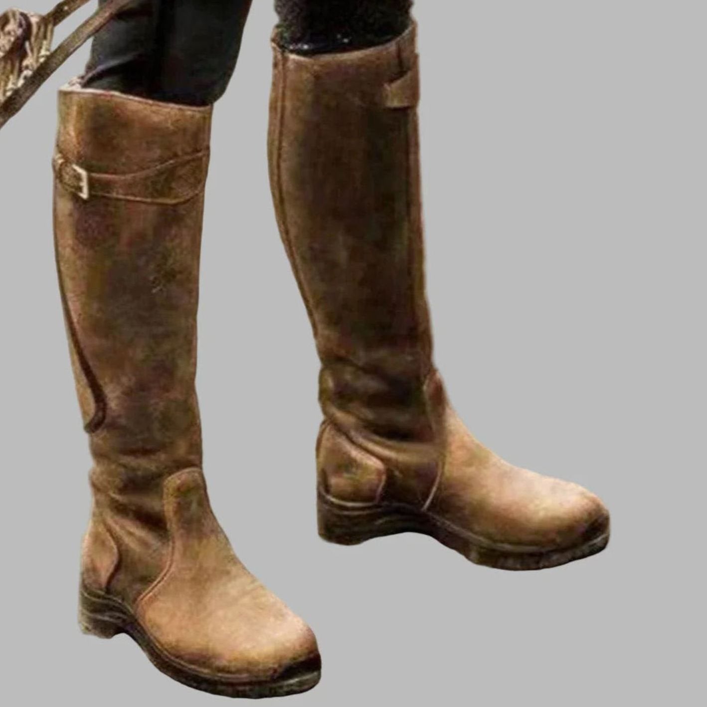 Women's Orthopaedic Knee-High Leather Boots Buckle Detail - Brown