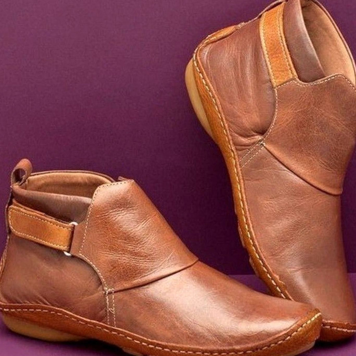 Women's Orthopedic Ankle Boots Slip-On Flat Booties, Red - Brown