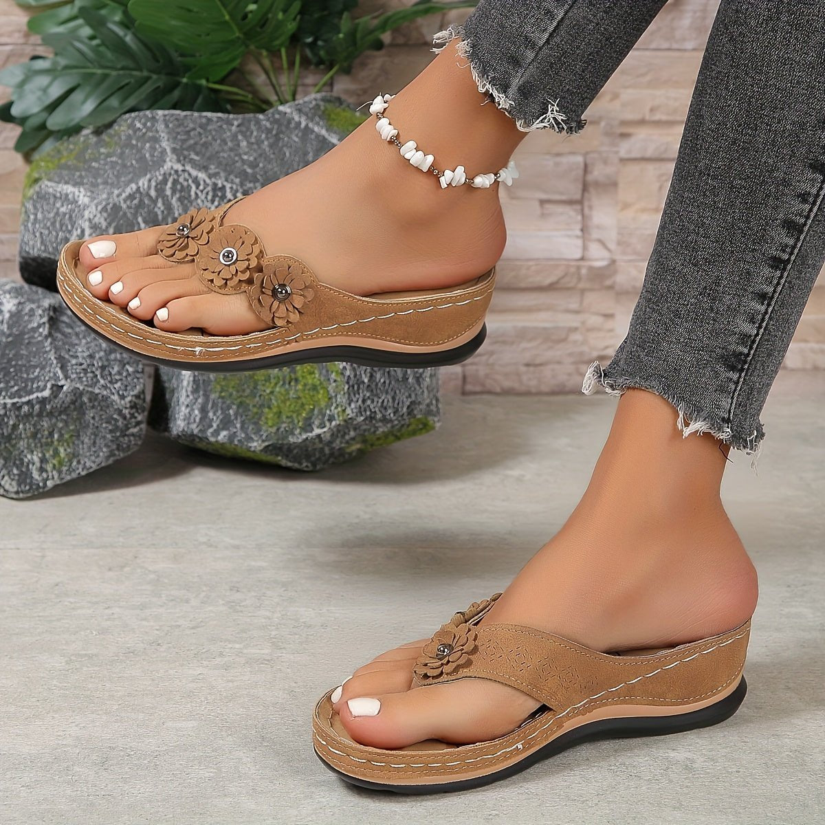 Women's Orthopedic Arch-Support Floral Wedge Flip-Flop Sandals