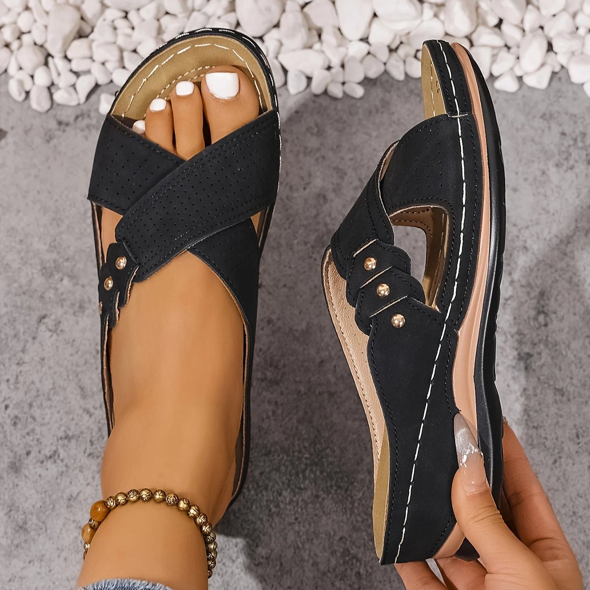 Women's Orthopedic Crossover-Strap Wedge Sandals - Black