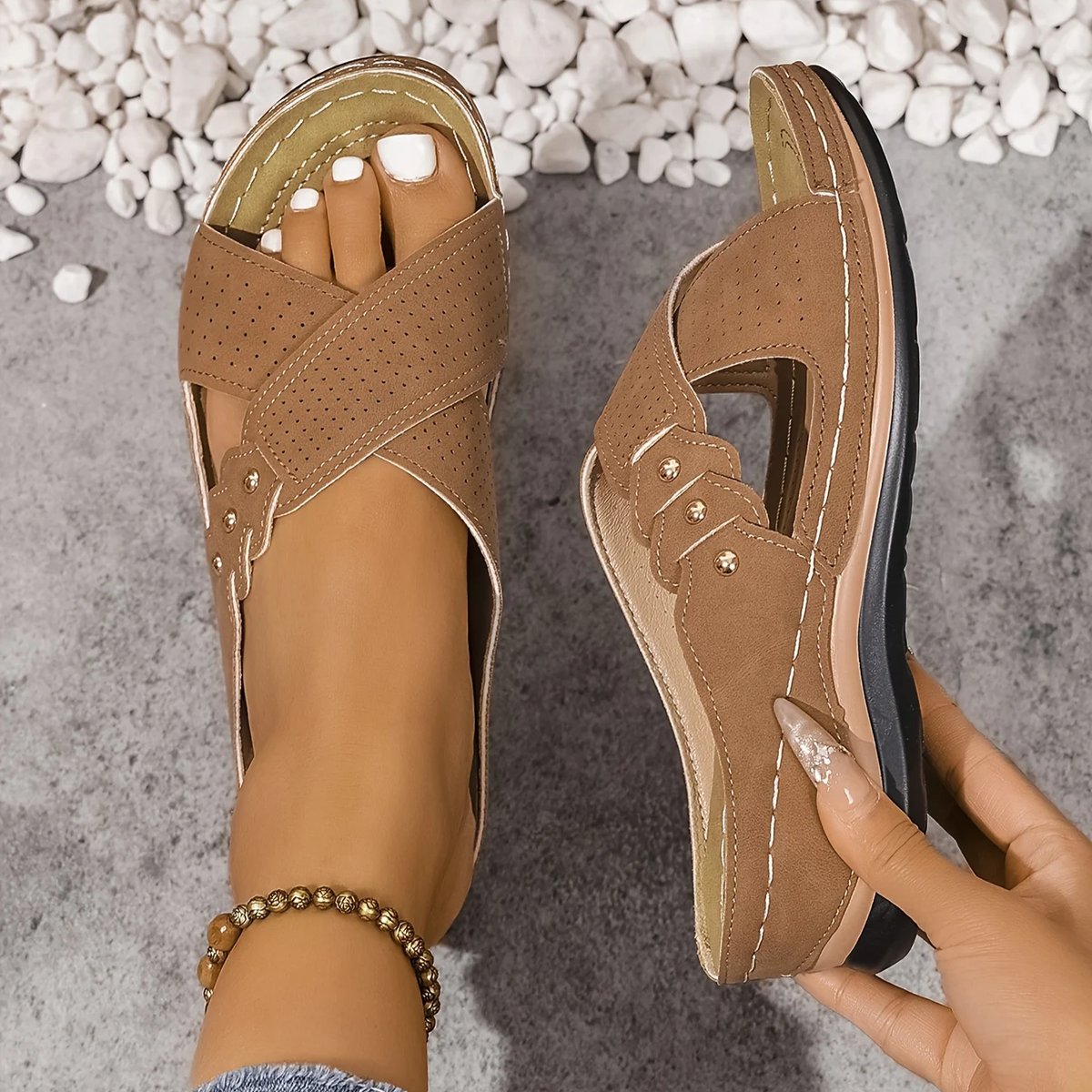 Women's Orthopedic Crossover-Strap Wedge Sandals - Brown