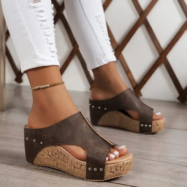 Women's Orthopedic Cushioned Cork Wedge Peep-Toe Mule Sandals - Brown