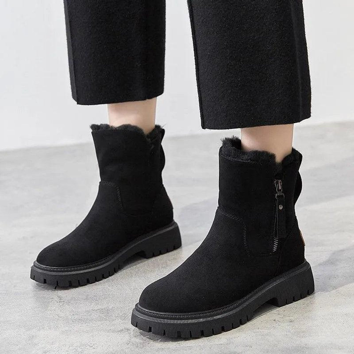 Women's Orthopedic Fur-Lined Zipper Ankle Boots - Black