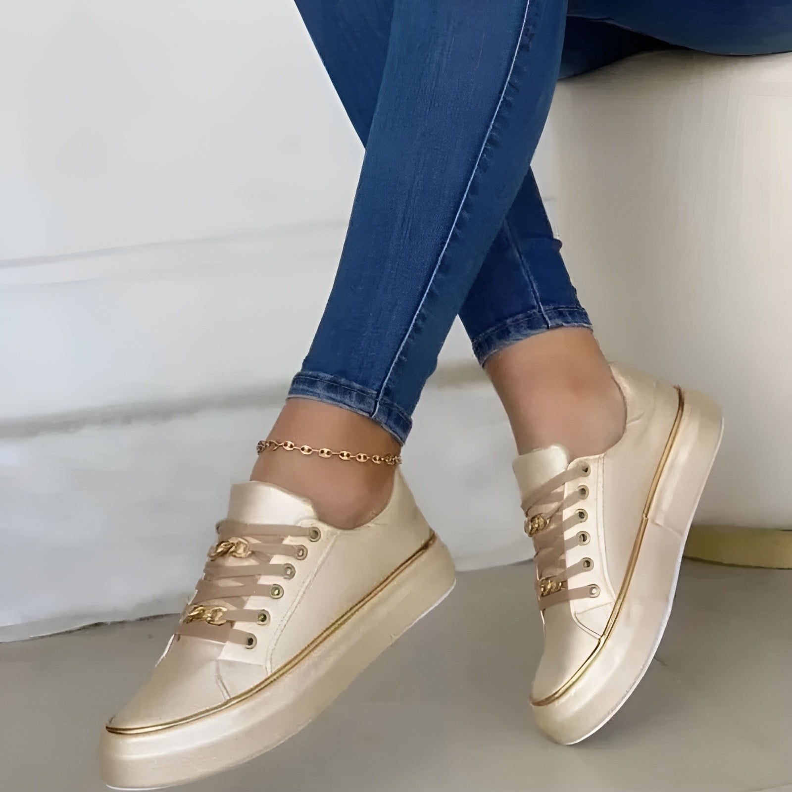 Women's Orthopedic Gold-Accent Lace-Up Platform Trainers - Gold