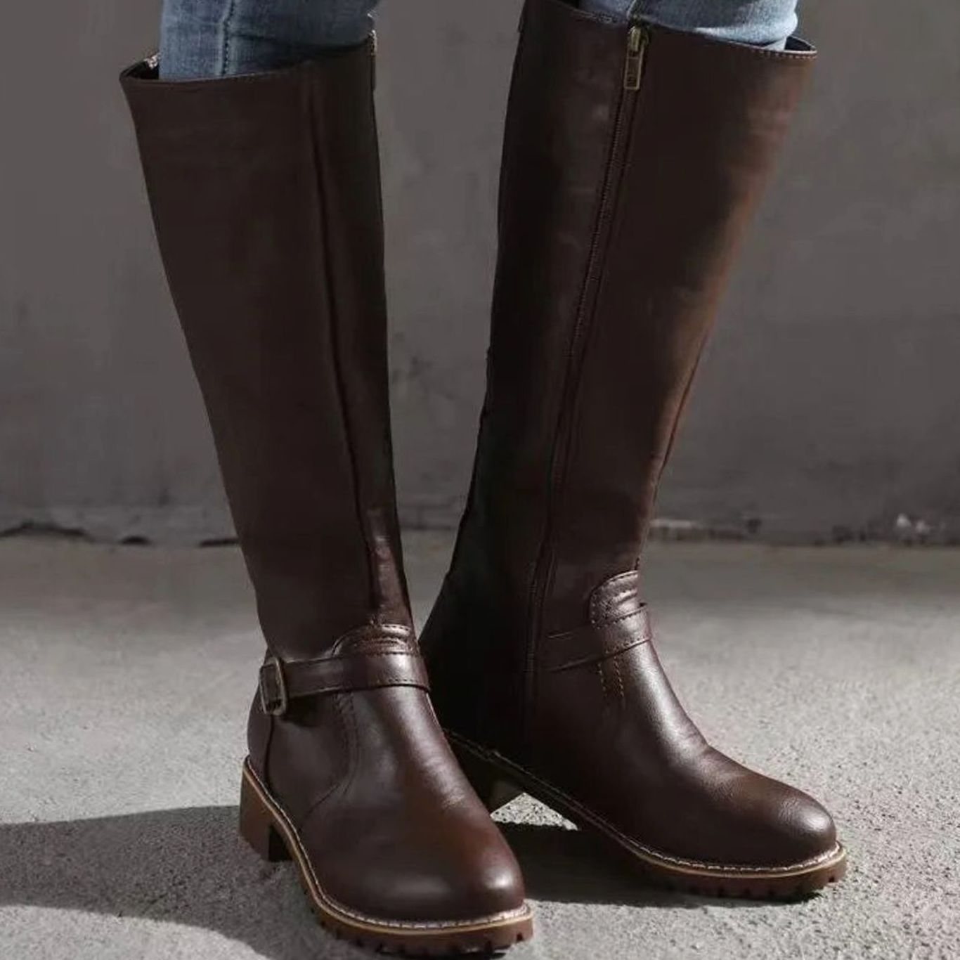 Women's Orthopedic Knee-High Buckle Leather Boots - Dark Brown