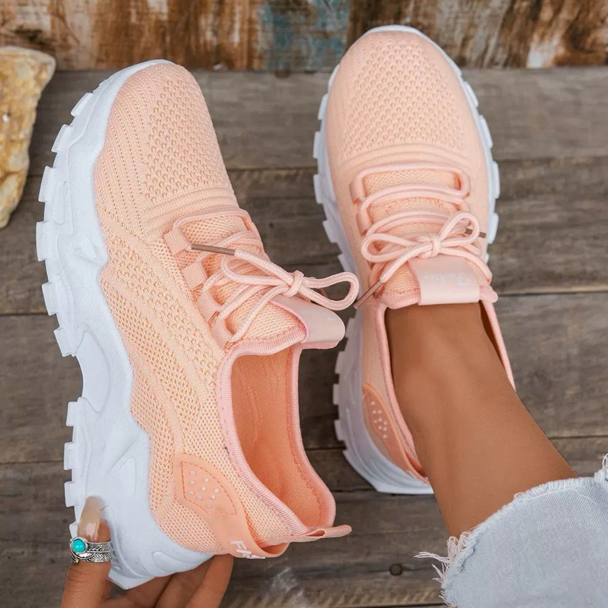 Women's Orthopedic Lace-Up Mesh Chunky Sneakers - Peach