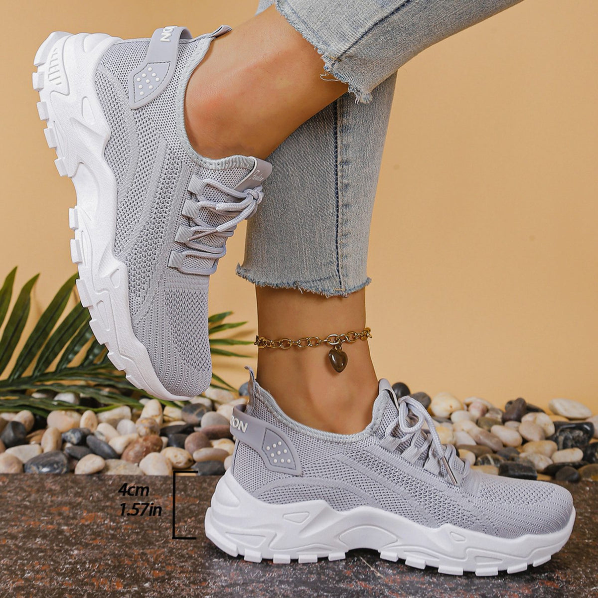 Women's Orthopedic Lace-Up Mesh Chunky Sneakers - Grey