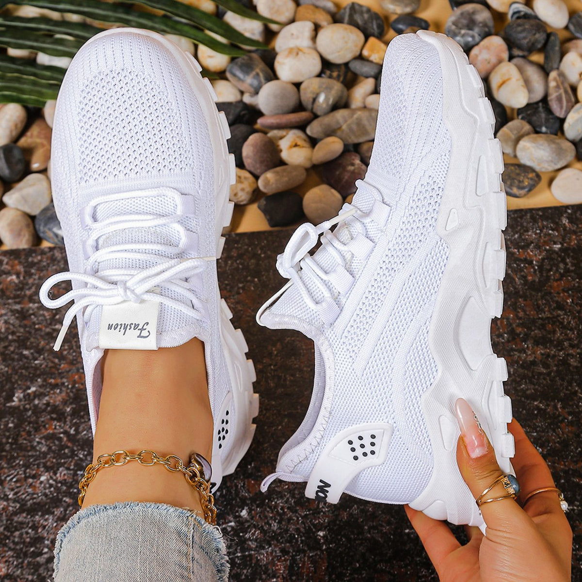 Women's Orthopedic Lace-Up Mesh Chunky Sneakers - White 2