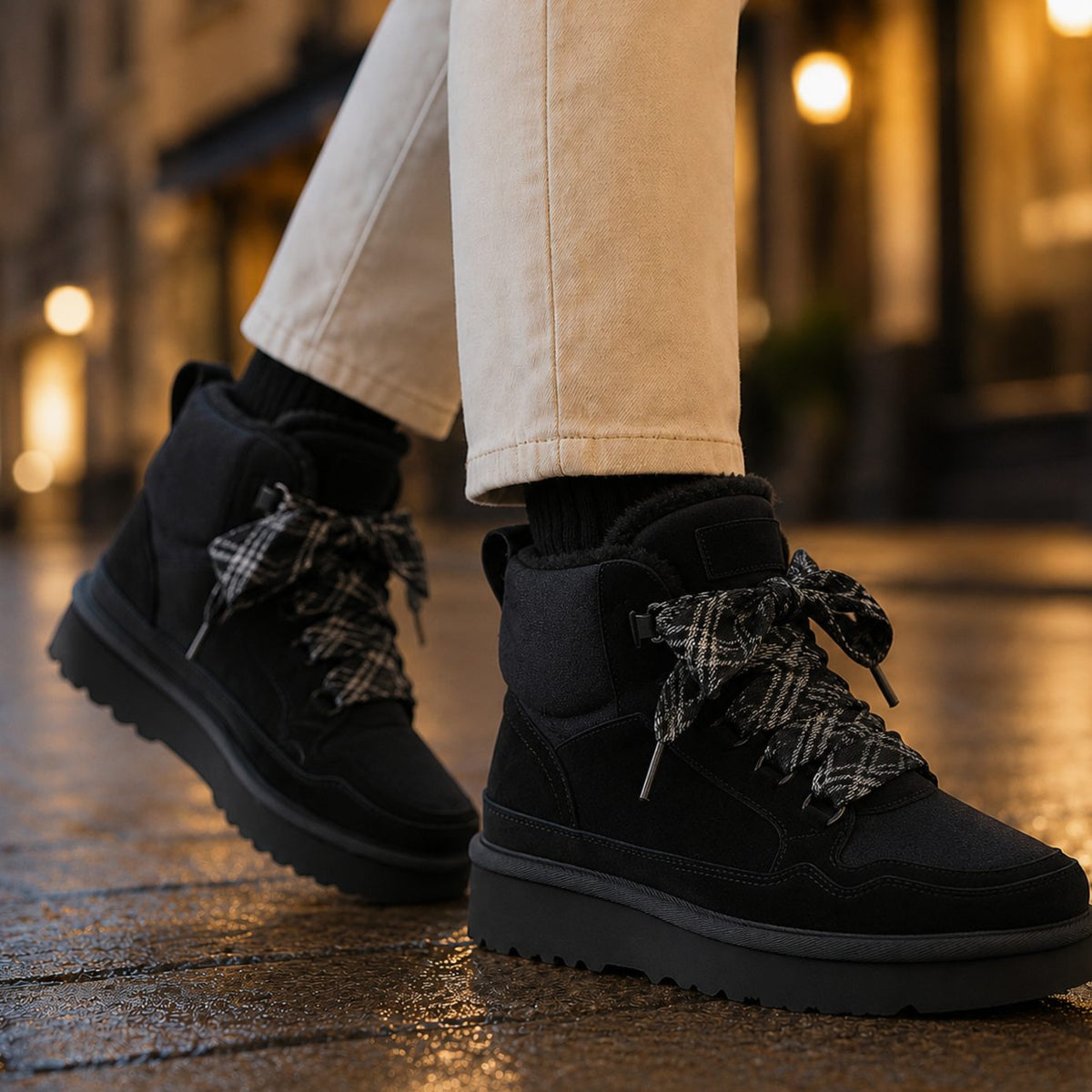 Women's Orthopedic Lace-Up Suede Platform Ankle Boots - Black