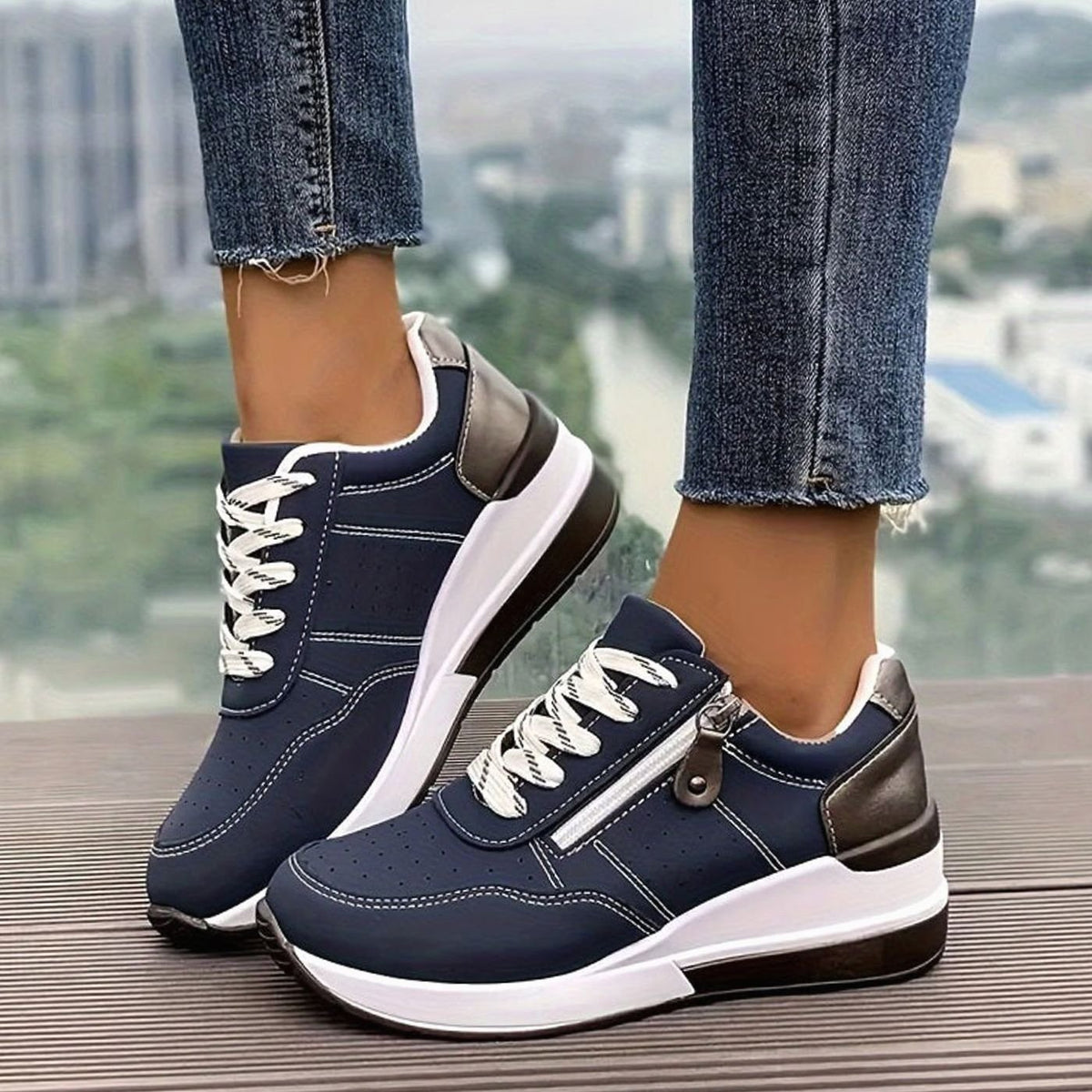 Women's Orthopedic Lace-Up Wedge Platform Walking Sneakers, Navy Blue - Blue