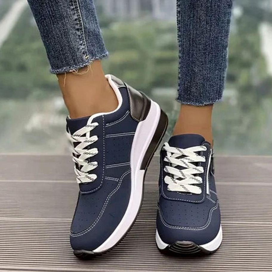 Women's Orthopedic Lace-Up Wedge Platform Walking Sneakers, Navy Blue