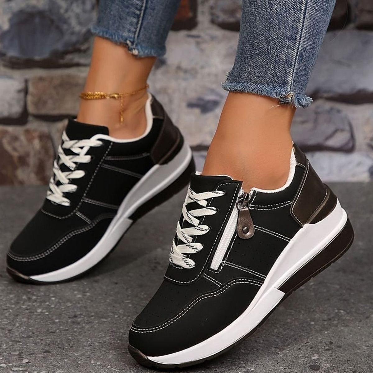 Women's Orthopedic Lace-Up Wedge Platform Walking Sneakers, Navy Blue