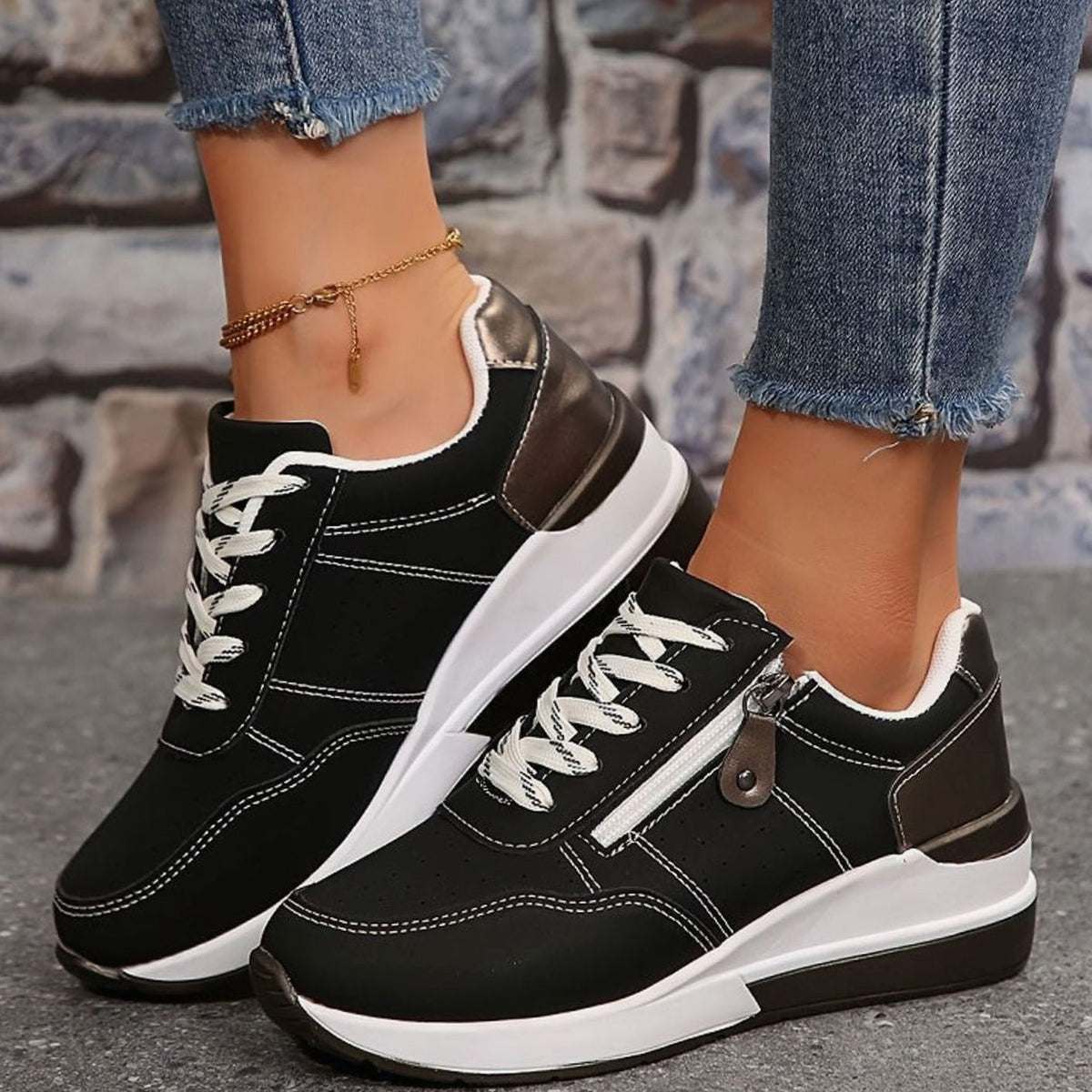 Women's Orthopedic Lace-Up Wedge Platform Walking Sneakers, Navy Blue - Black