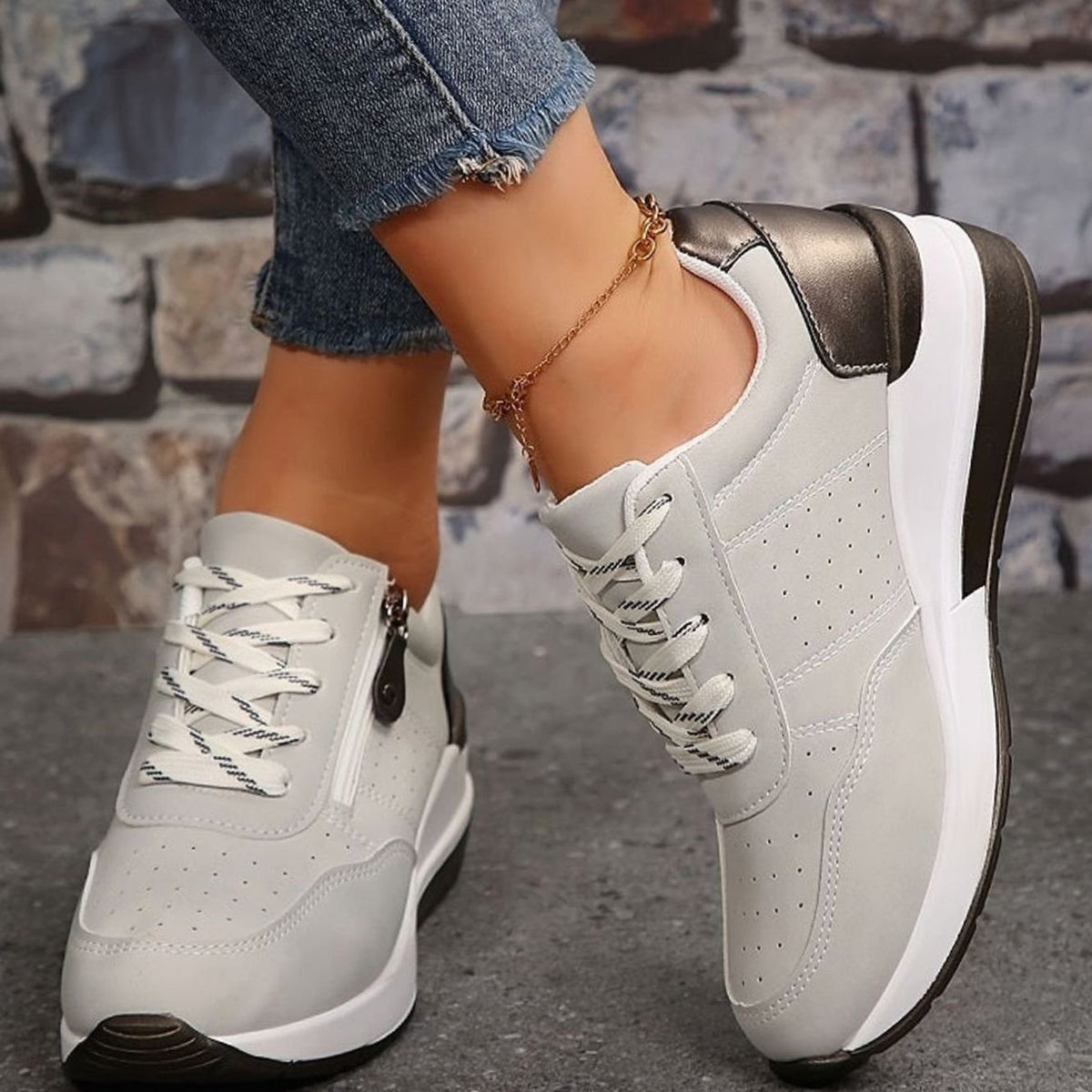 Women's Orthopedic Lace-Up Wedge Platform Walking Sneakers, Navy Blue - Grey