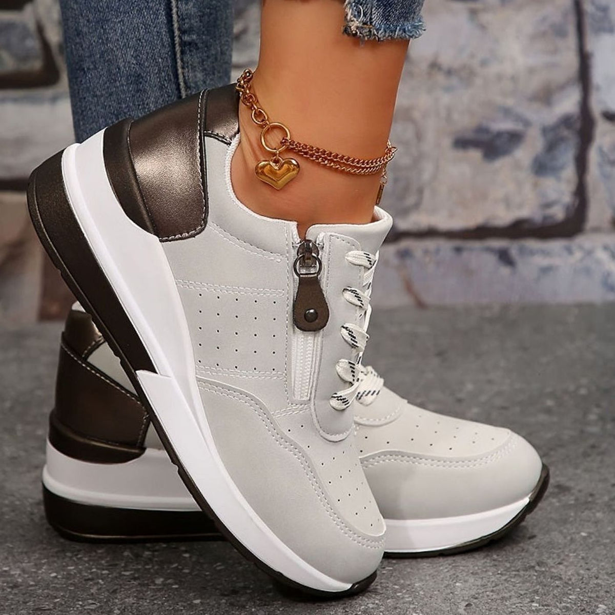 Women's Orthopedic Lace-Up Wedge Platform Walking Sneakers, Navy Blue