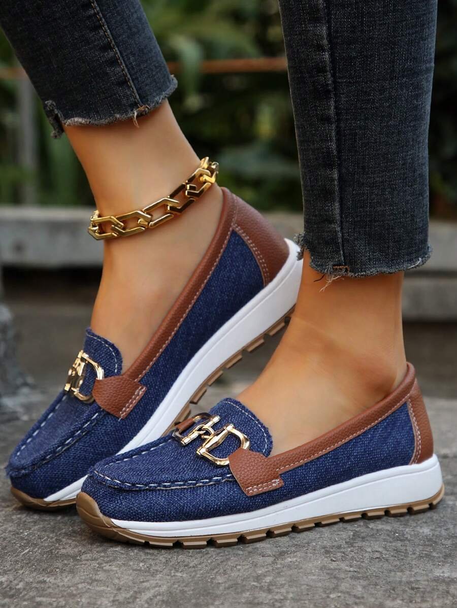 Women's Orthopedic Non-Slip Gold-Trim Slip-On Loafers - Navy